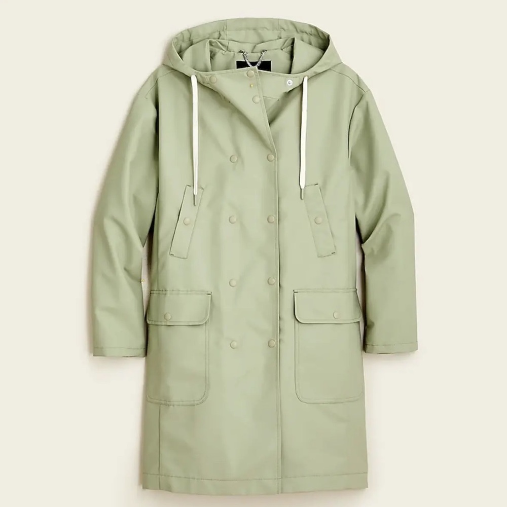 NWOT J. CREW Pistachio Hooded Double-Breasted Rain Jacket SMALL